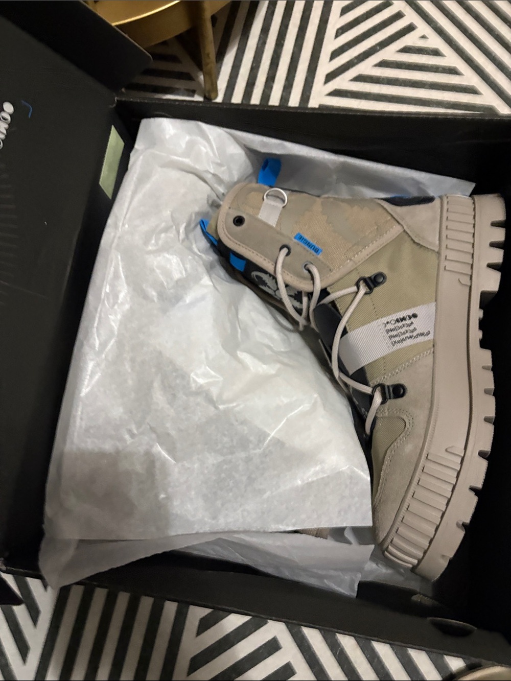 Palladium Beige High-Top Boot with Blue Accents